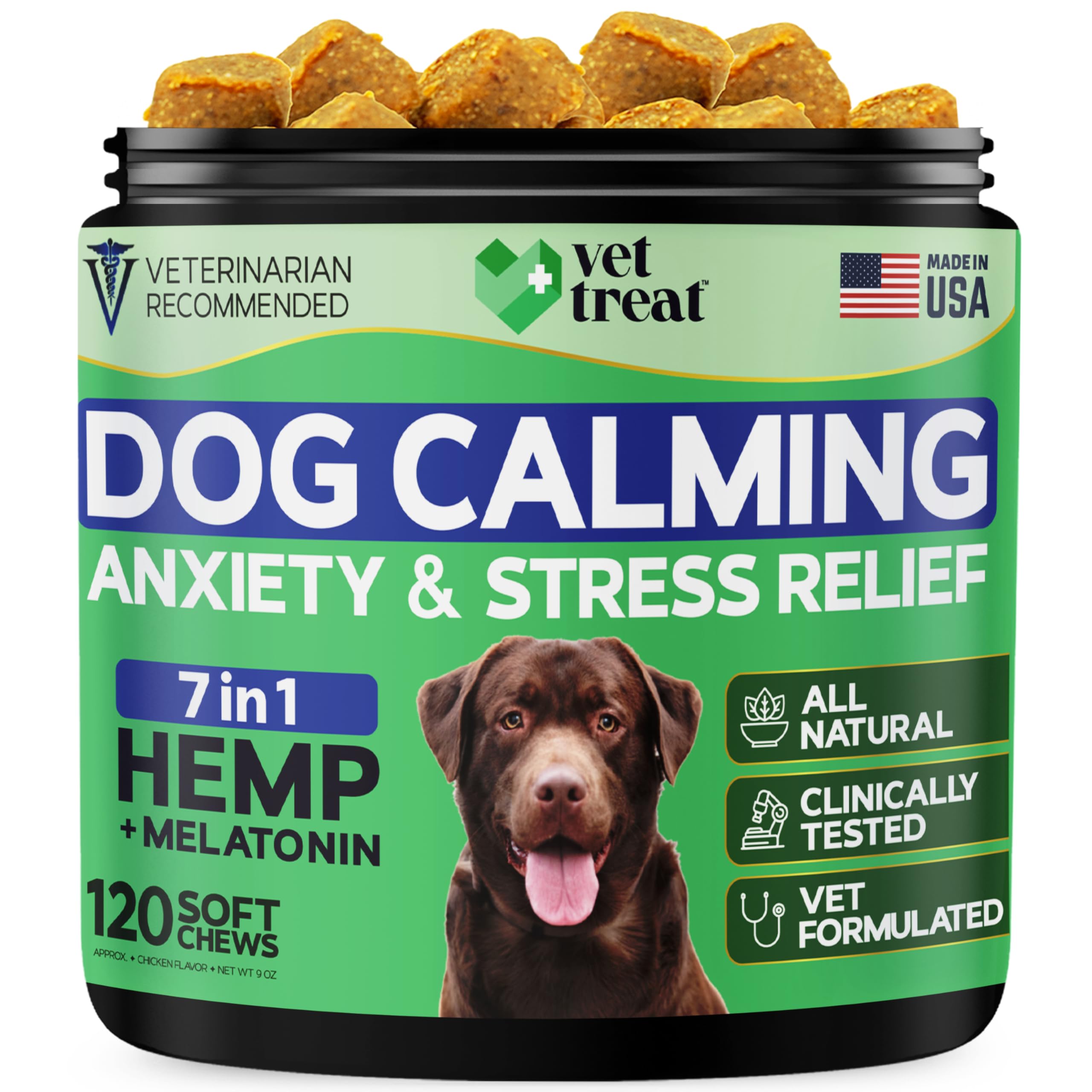 Vet Treat: bouchées apaisantes dans une bouteille, favorisant le calme chez le chien.