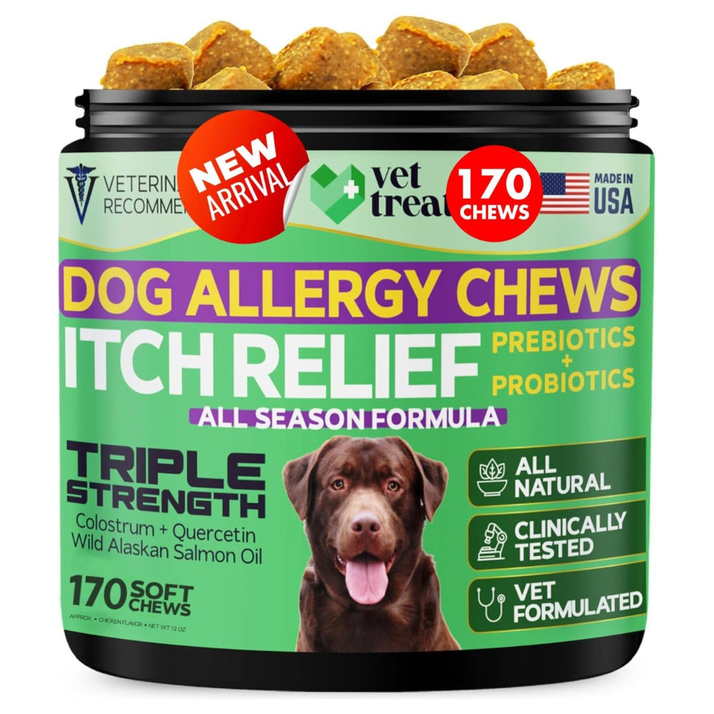 Vet Treat comprimés allergie chien emballage clair et pratique pour démangeaisons potentielles.