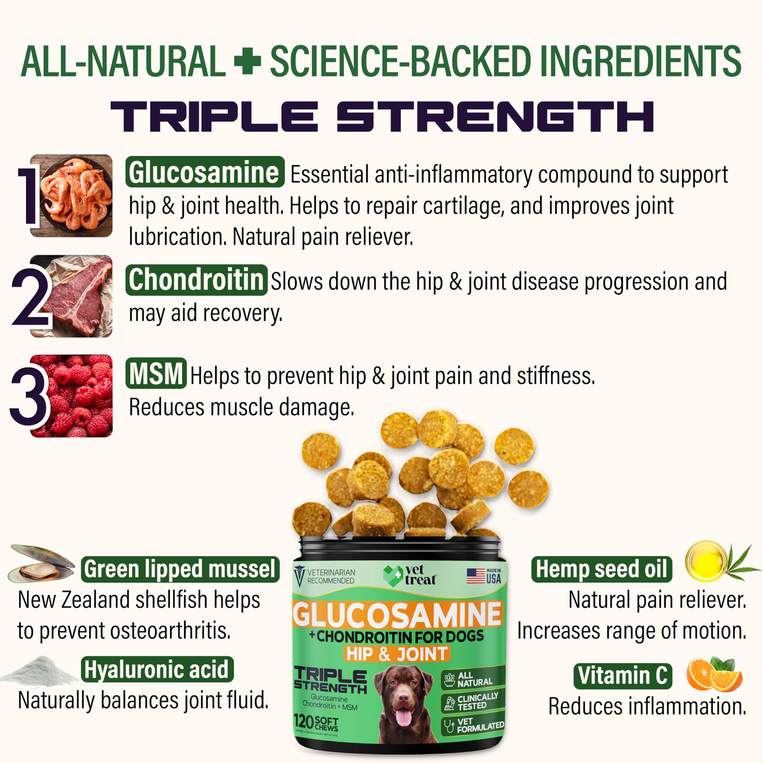 Vet Treat glucosamine — étiquette indiquant fabrication et origine