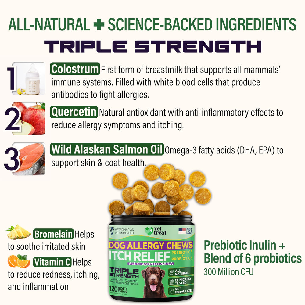 Vet Treat omega3-probiotiques: ingrédients clés pour la peau et le soutien immunitaire.