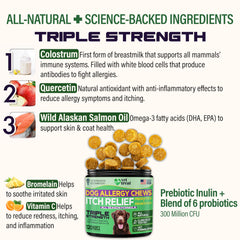 Vet Treat omega3-probiotiques: ingrédients clés pour la peau et le soutien immunitaire.