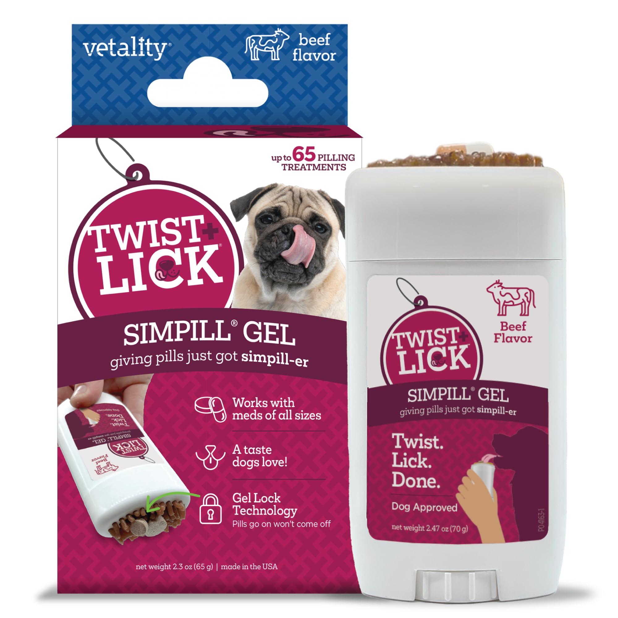 Vetality Twist Lick SimPill montre la technologie verrouillage en gel pour sécuriser les pilules.
