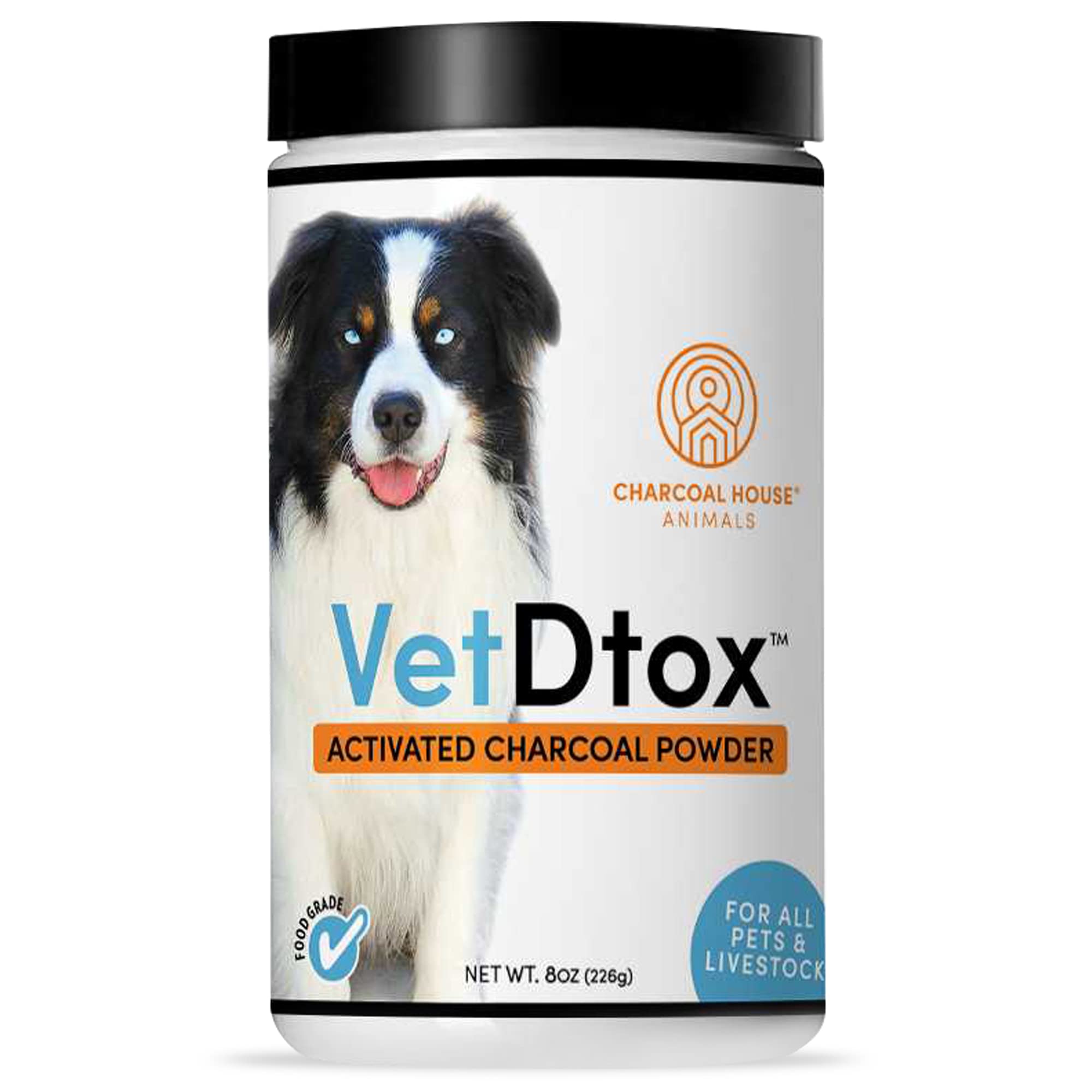 VetDtox Charbon Actif, poudre pour animaux, facile à administrer dans la nourriture ou l'eau.