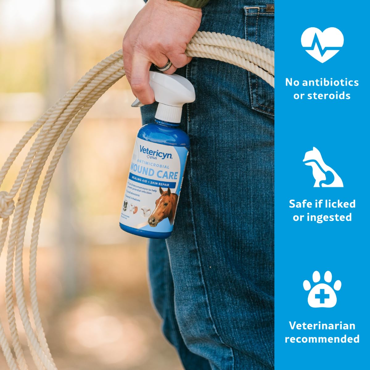 Soin peau cheval par spray Vetericyn Plus, irritations atténuées.