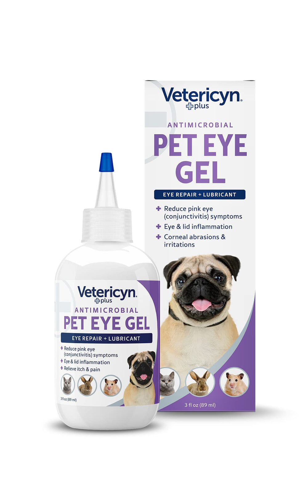 Gel oculaire Vetericyn Plus dans une bouteille de 3 oz prêt à l’emploi pour les yeux sensibles.