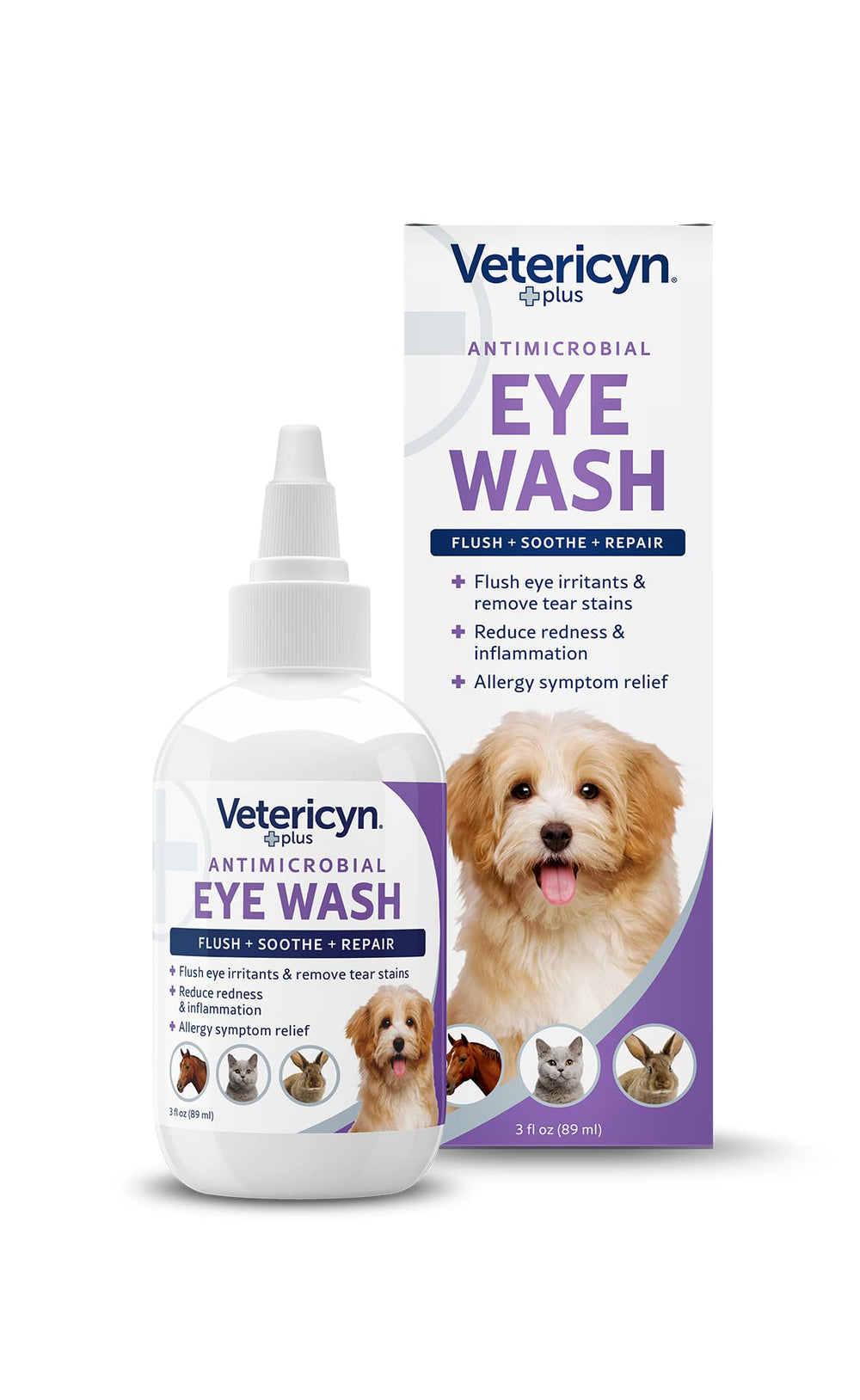 Lavage des yeux Vetericyn Plus pour chiens et chats, flacon prêt à l’emploi apaise irritations.
