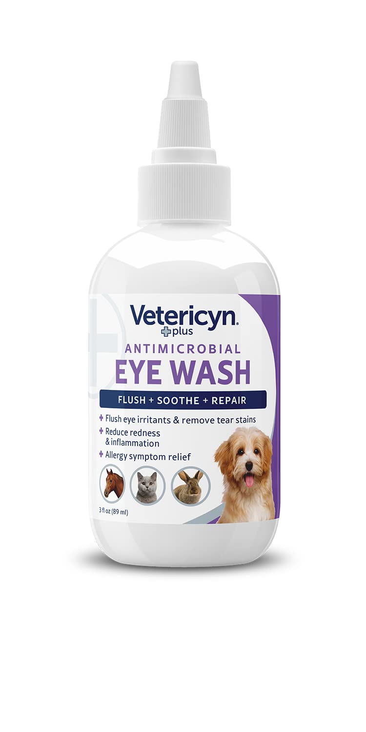 Gouttes dans le flacon pompe Vetericyn Plus pour l’entretien quotidien des yeux.