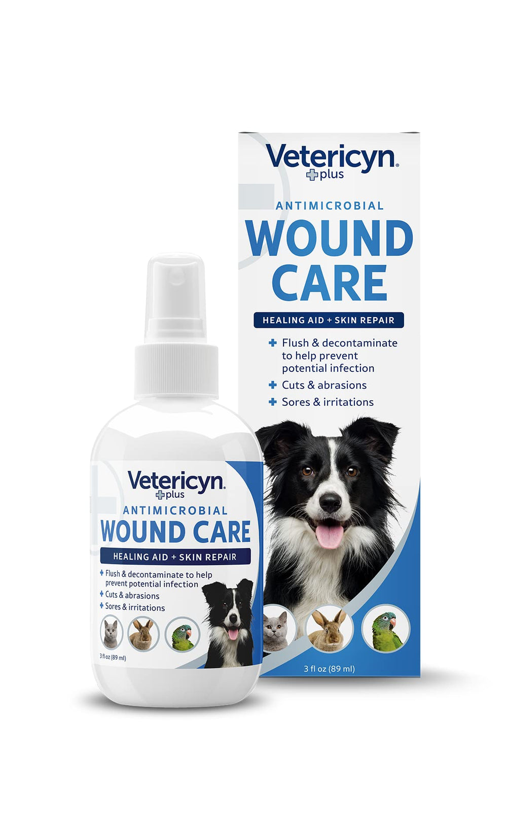 Spray Vetericyn Plus appliqué sur une plaie canine, nettoyage sûr et apaisant.