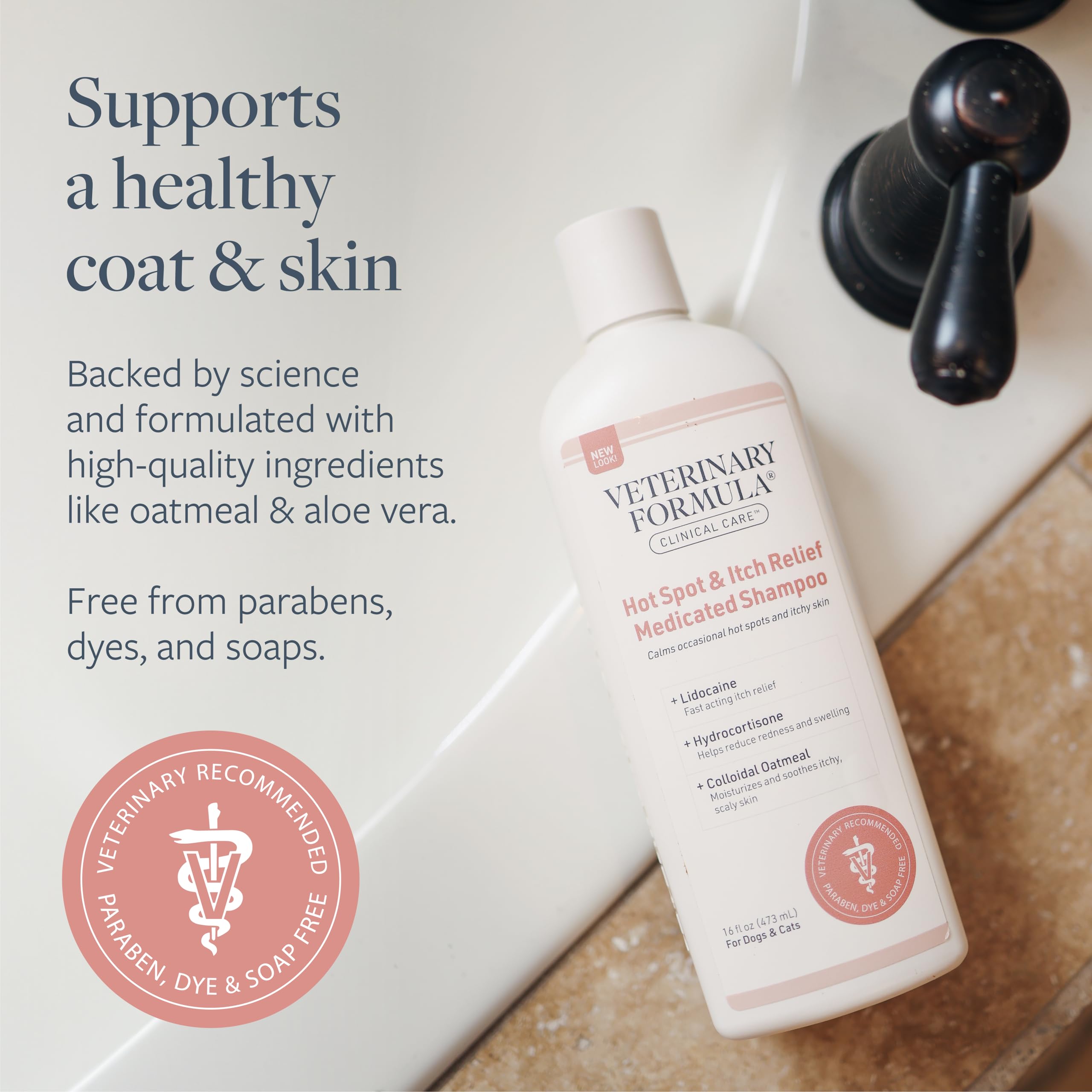 Pelage sain avec Veterinary Formula, flacon, brillance et hydratation.