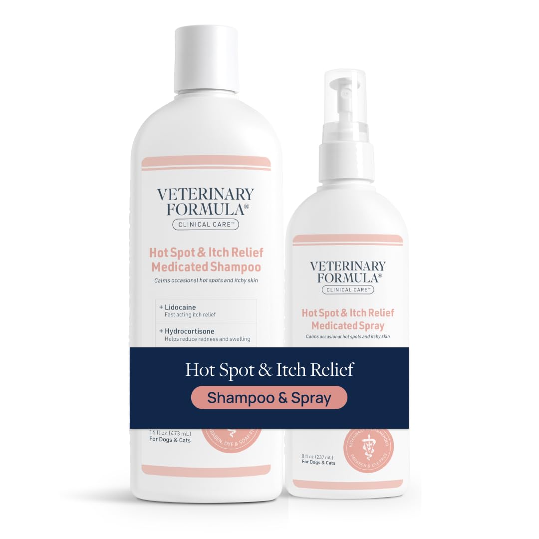 Shampooing Veterinary Formula apaisant pour chiens et chats, apaise démangeaisons et hydrate le pelage.
