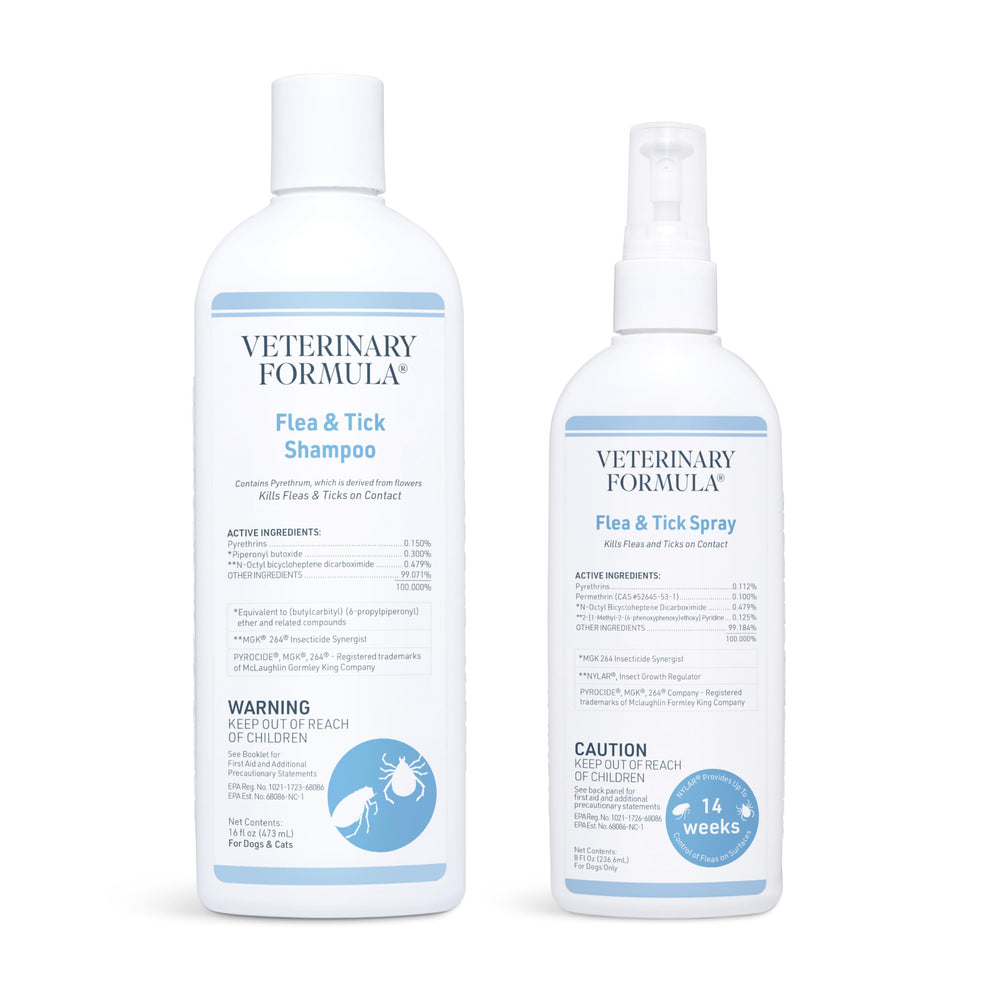Shampooing Veterinary Formula puces et tiques pour chiens, nettoie et apaise la peau irritée.