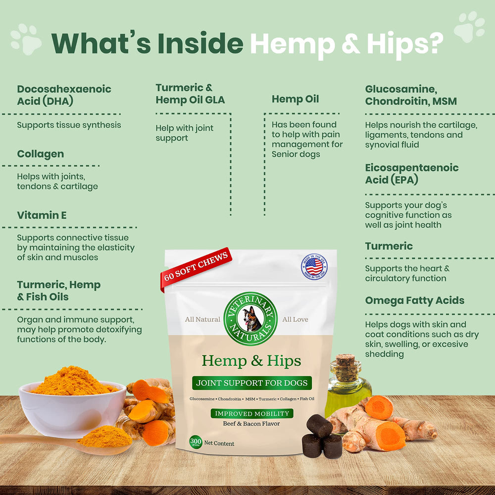 Veterinary Naturals Hemp & HIPS, collagène et curcuma, soutien probable à la tonicité des tissus.