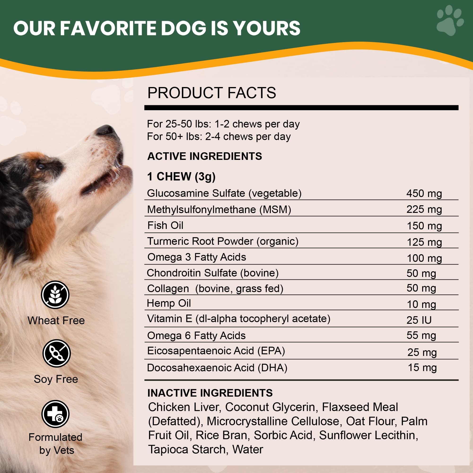 Étiquette montrant glucosamine et chondroïtine dans Veterinary Naturals Hemp & HIPS.