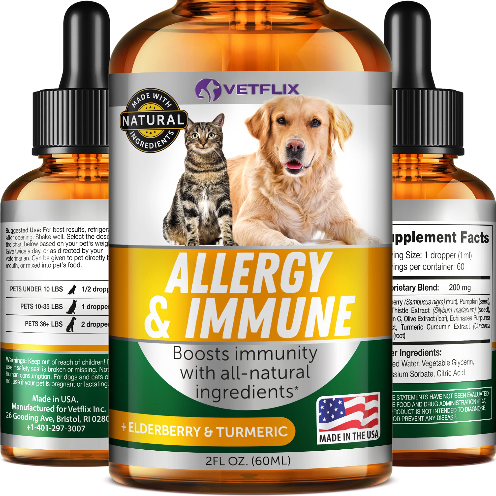 Vetflix Gouttes Allergie et Immunité – flacon facile à doser pour chiens et chats.