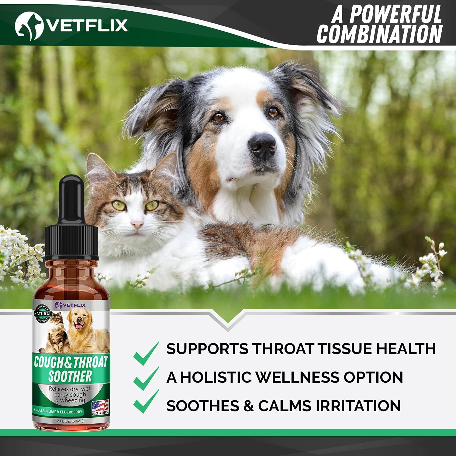 Vetflix Toux Relief Chat - Chat domestique près du flacon, utilisation douce possible.