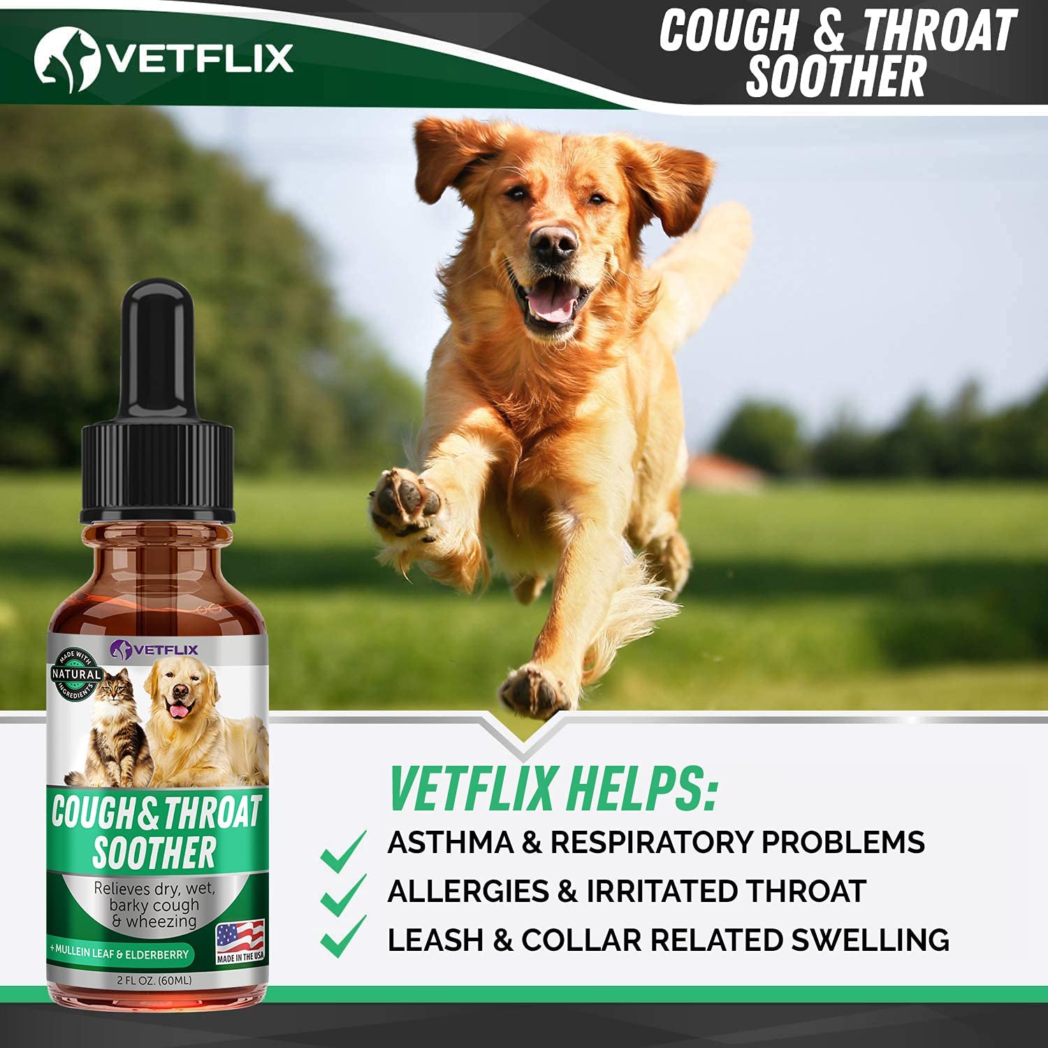 Vetflix Toux Relief - Emballage soigné, produit fabriqué aux États‑Unis.