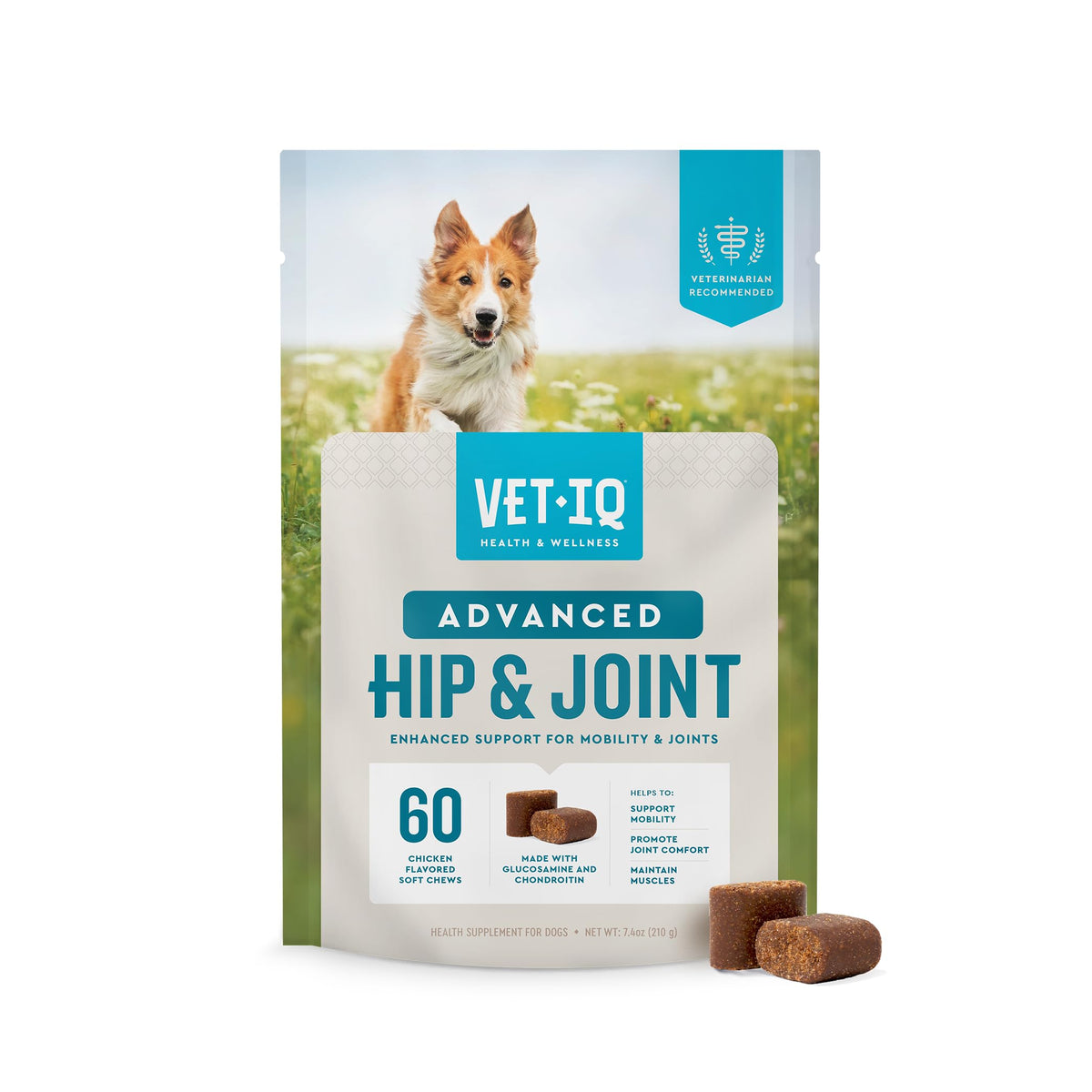 VetIQ Avance: friandise poulet pour hanches et articulations, soutien potentiel à la mobilité.