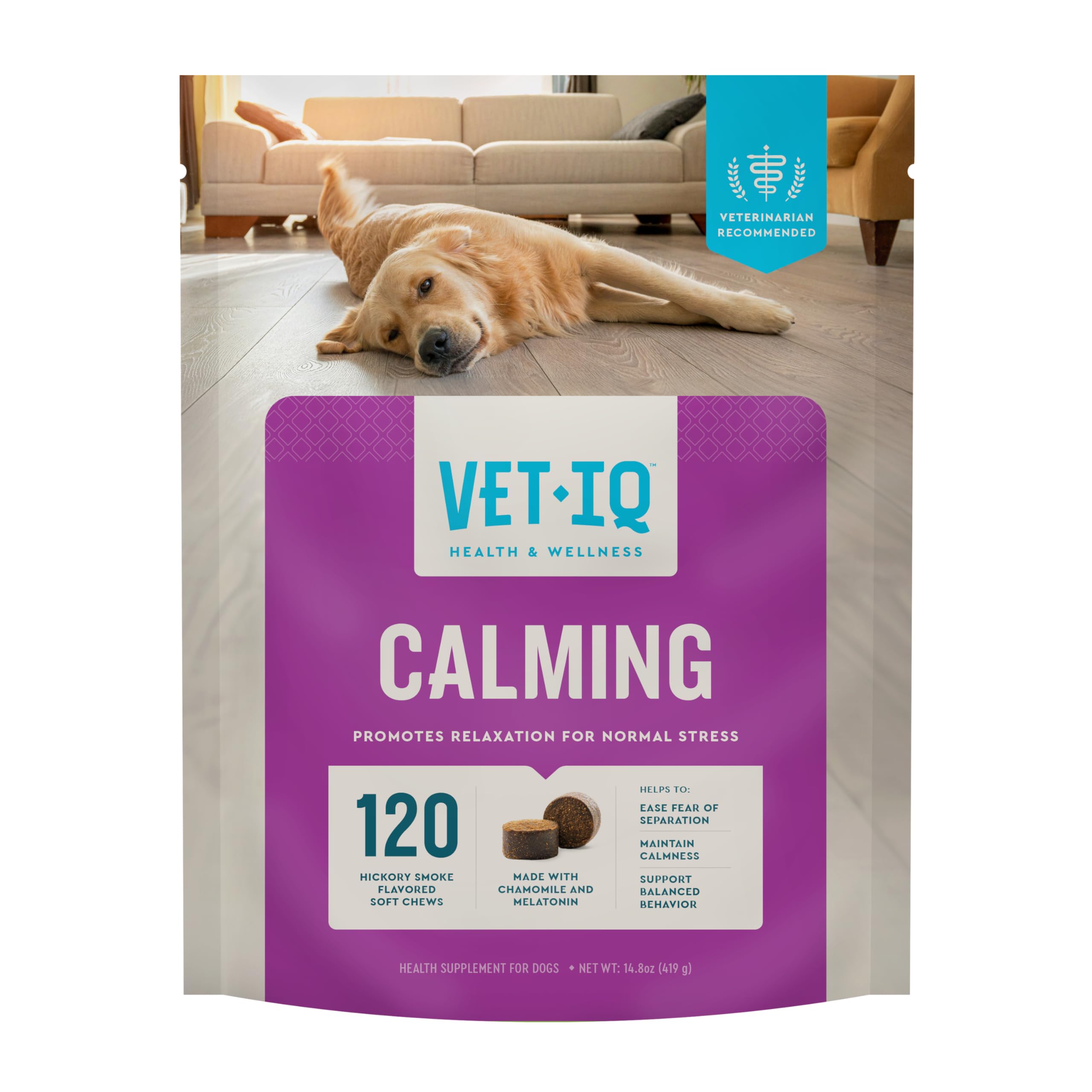 VetIQ Calming: bouteille et étiquette visibles, calme potentiel face au stress.