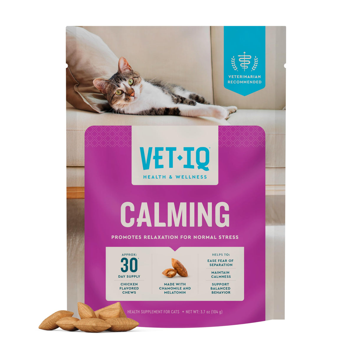 VetIQ Cat Calming Chews offre texture croquante extérieure et cœur crémeux pour apaiser votre chat.