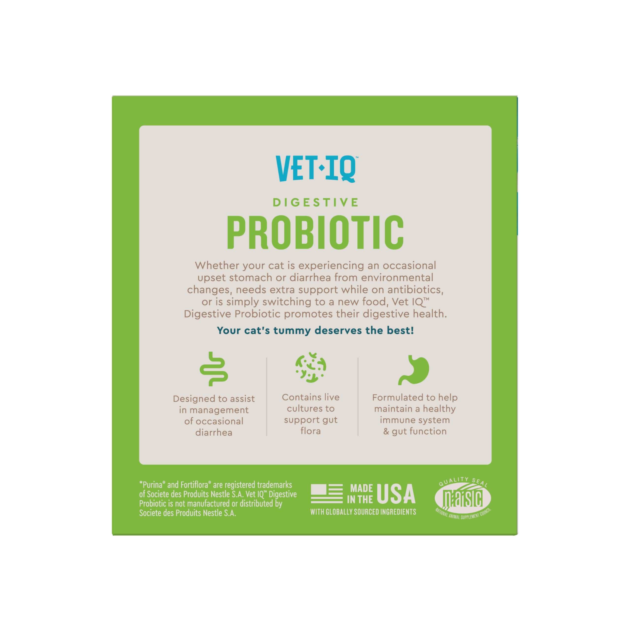 VetIQ Probiotique pour chat, emballage pratique — sachets propres et secs.