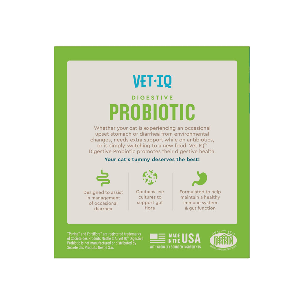 VetIQ Probiotique pour chat, emballage pratique — sachets propres et secs.