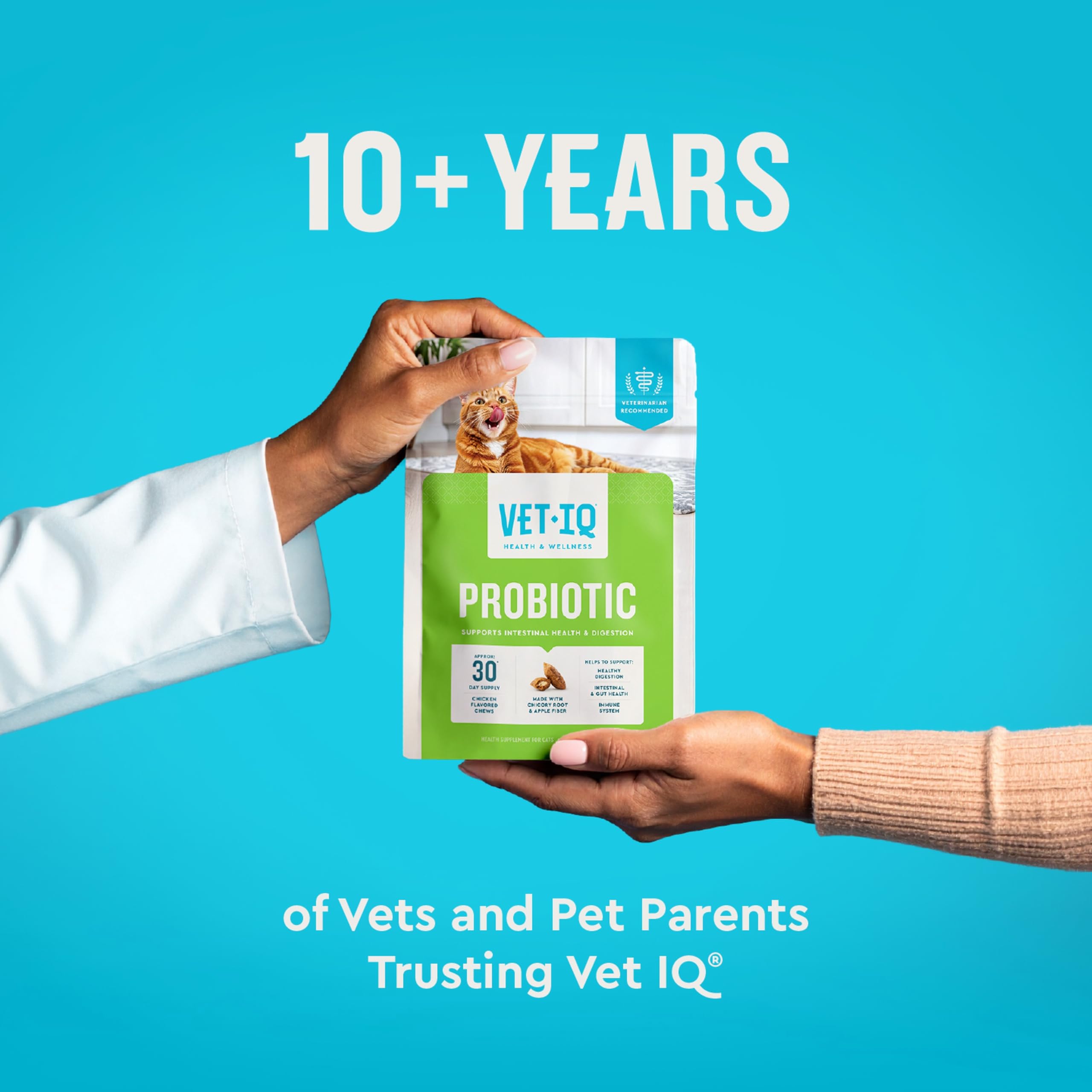 VetIQ Chat Probiotiques, actifs SPOREVIATM et TYNAGEN, soutiennent le microbiome.
