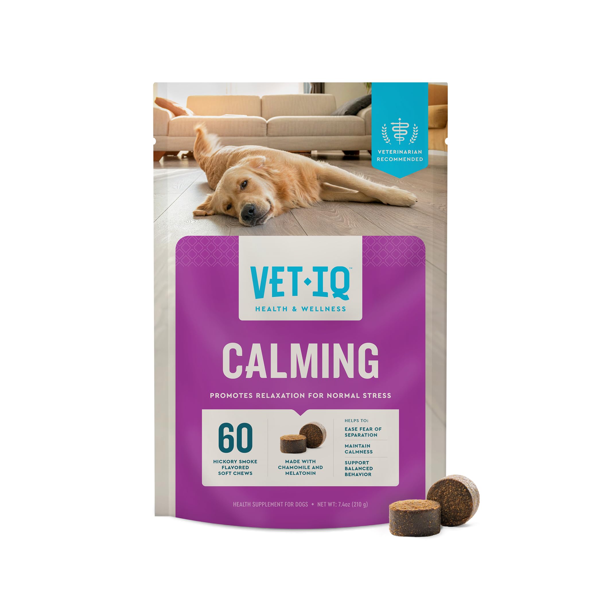 Gommes apaisantes VetIQ pour chien en bouteille, favorisant calme.