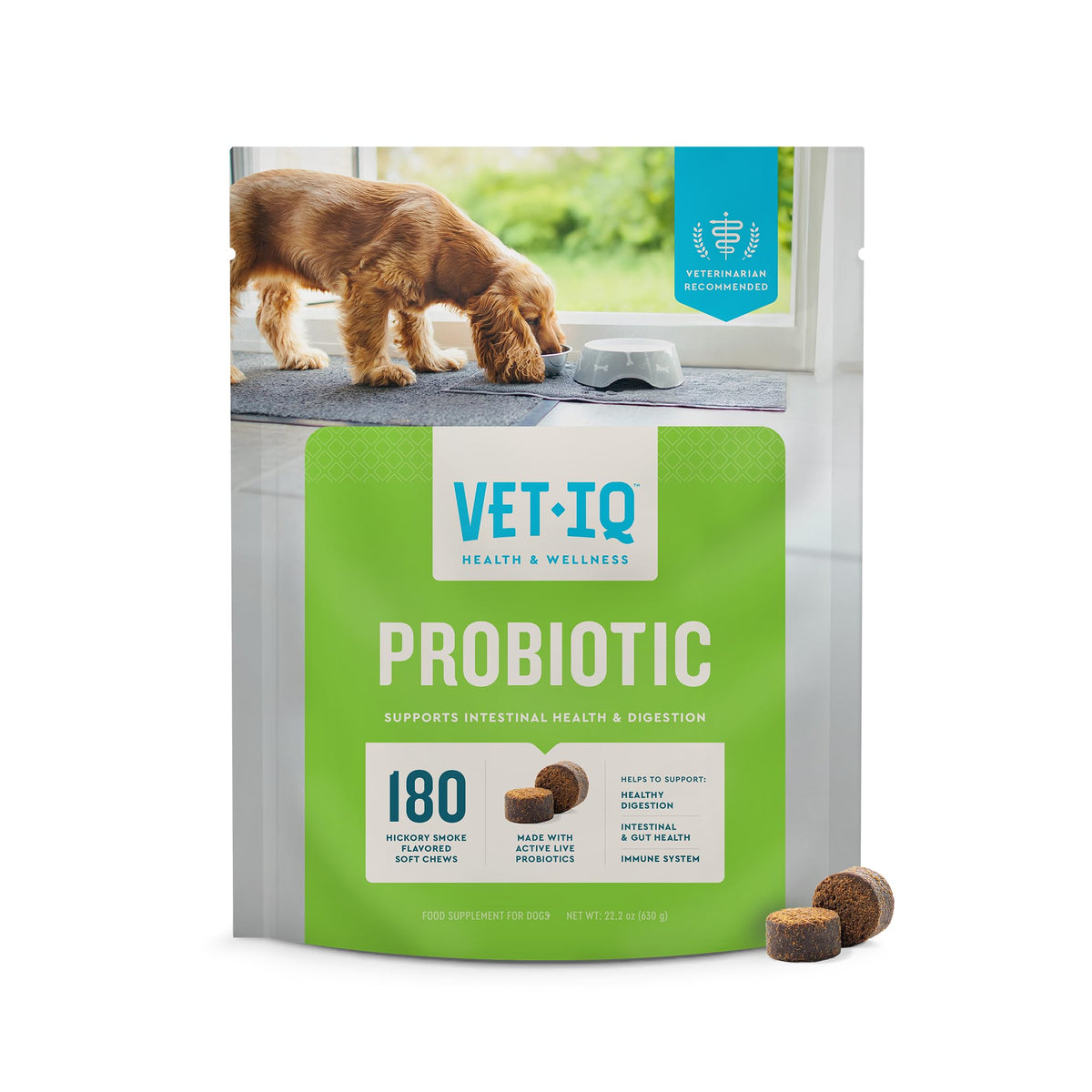 VetIQ Probiotiques pour chiens, boîte avant: soutien digestif lors des transitions alimentaires.