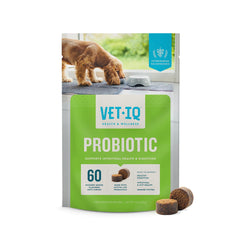 VetIQ probiotiques chien, emballage avant, soutien digestif lors du passage alimentaire.