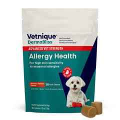 Vetnique DermaBliss - bouteille visible, soutien saisonnier pour la peau du chien.