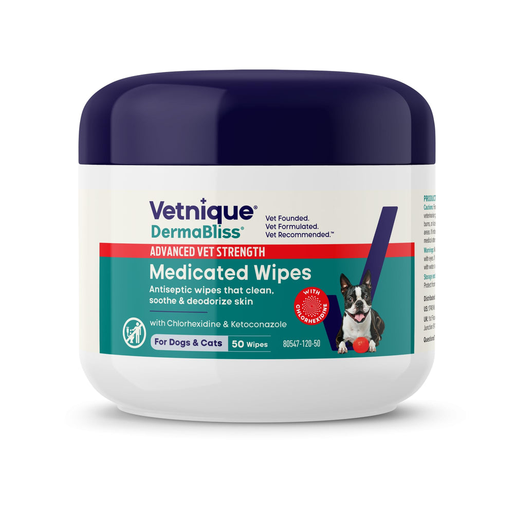 Vetnique Dermabliss lingettes chlorhexidine emballage pratique pour soins rapides.
