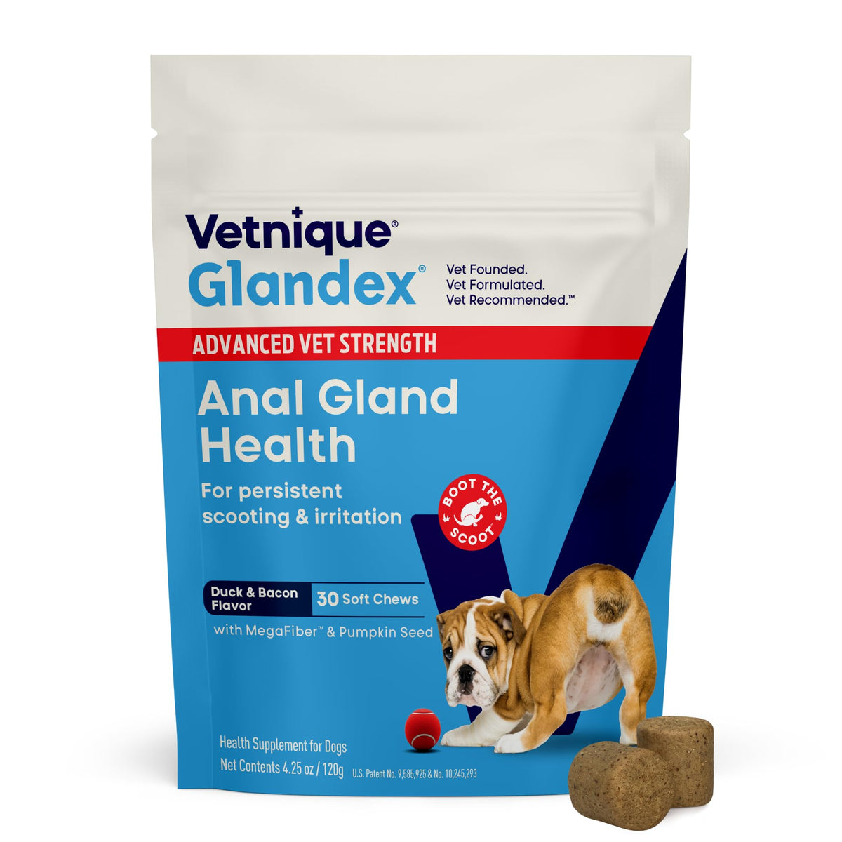 Vetnique Glandex bouchées au canard-bacon, emballage pratique soutenant les glandes.