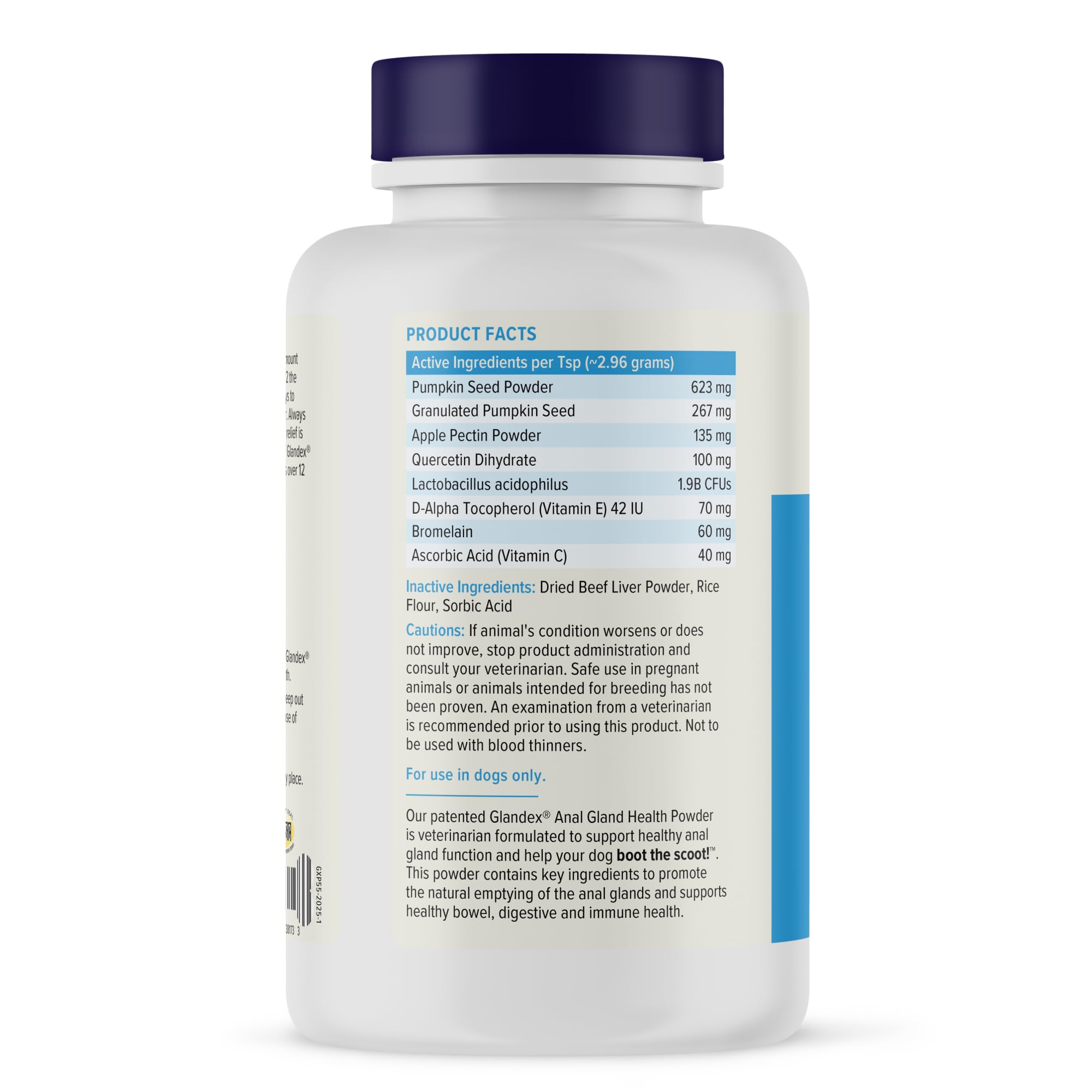 Vetnique Glandex avec citrouille et probiotiques pour soutenir la flore intestinale.