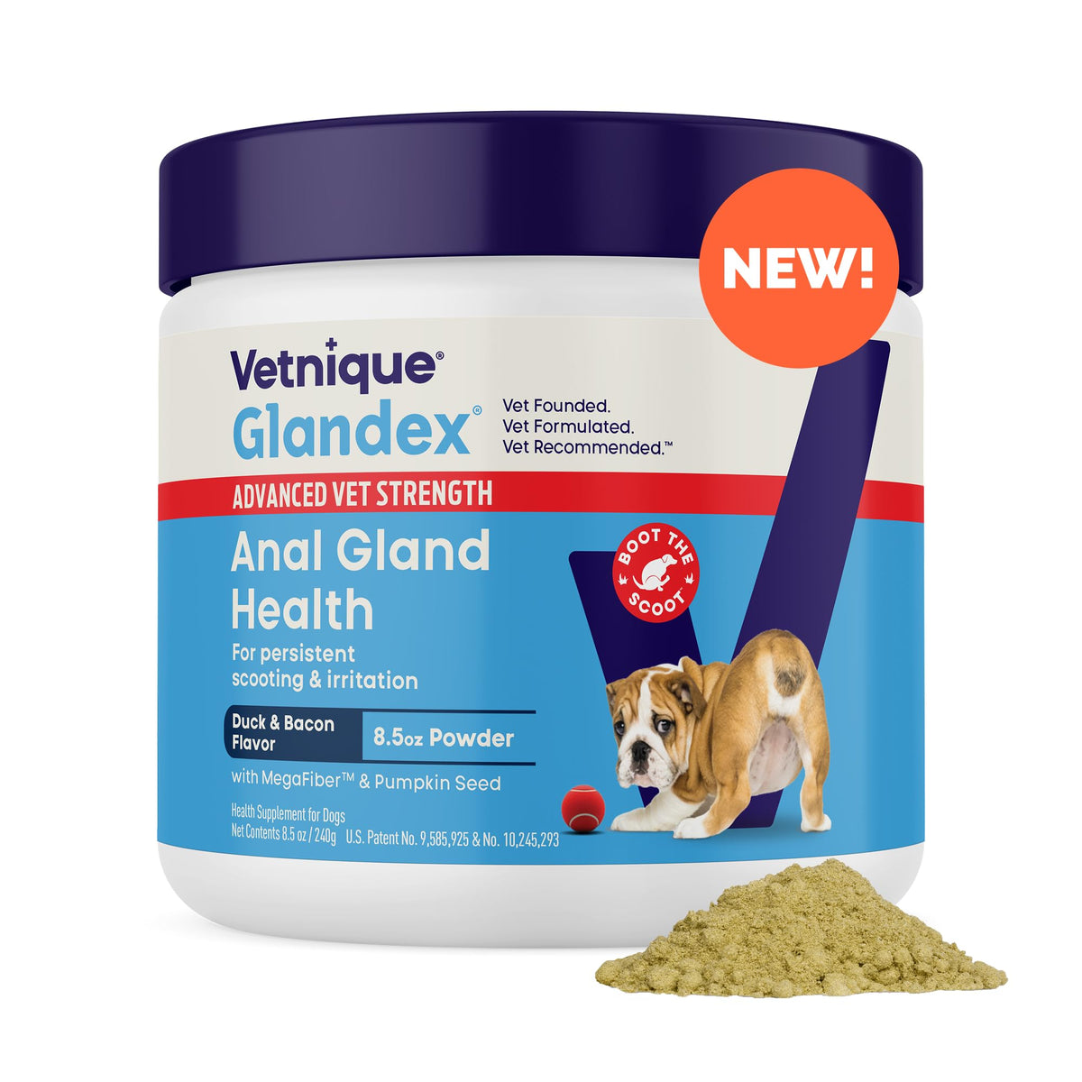 Vetnique Glandex, poudre fibre-glandes-anales-canard-bacon: soutien digestif potentiel.