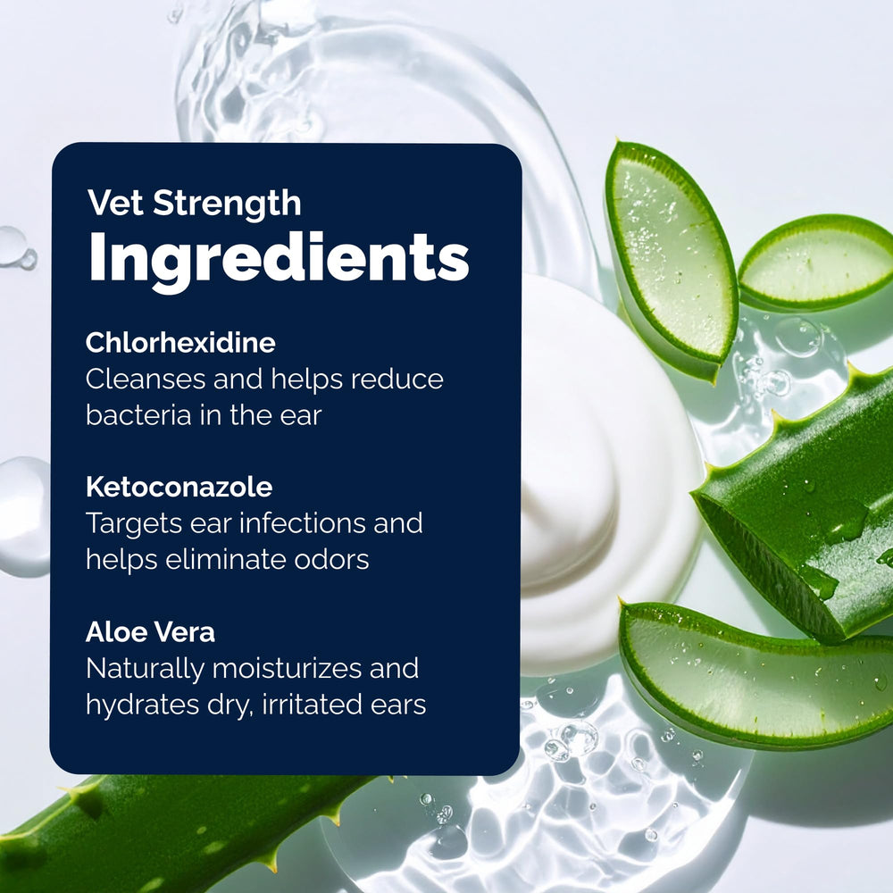 Vetnique Oticbliss double-action antiseptique avec chlorhexidine et ketoconazole pour une action renforcée.