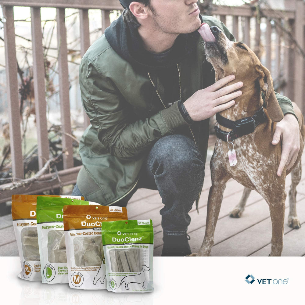 Bouchées Vet One DuoClenz avec texture rugueuse pour le nettoyage buccal.