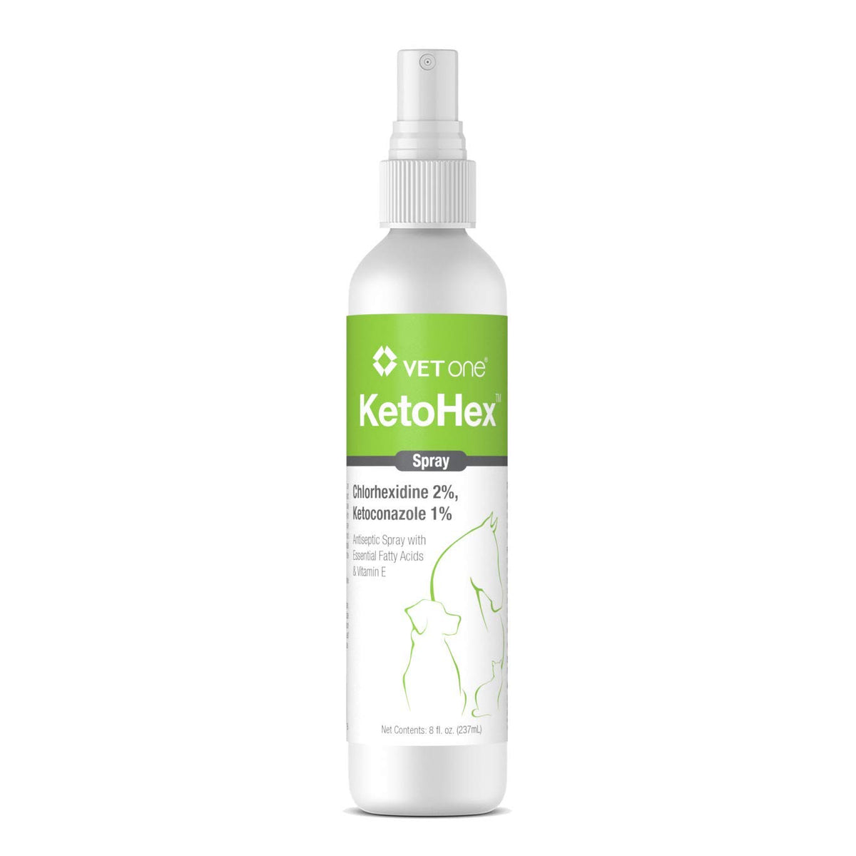 Vet One Ketohex Spray montre la bouteille pratique pour une application ciblée et contrôlée.