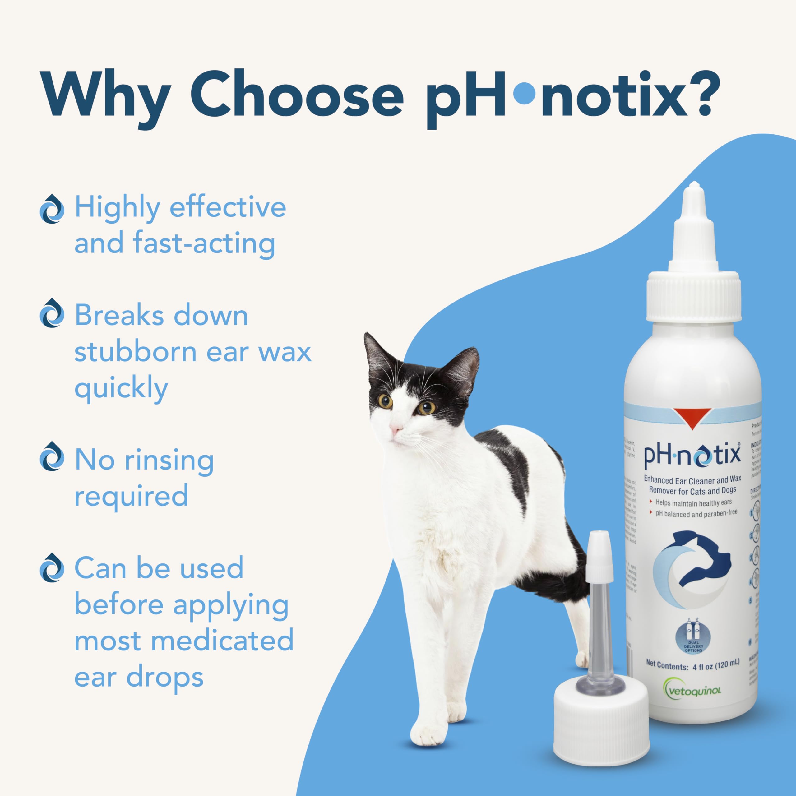 Vetoquinol pH•notix: formule pH équilibré pour le confort des oreilles.