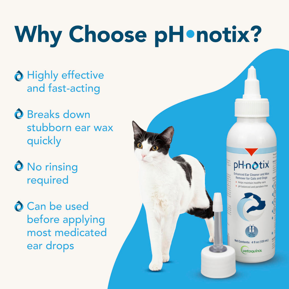 Vetoquinol pH•notix: formule pH équilibré pour le confort des oreilles.