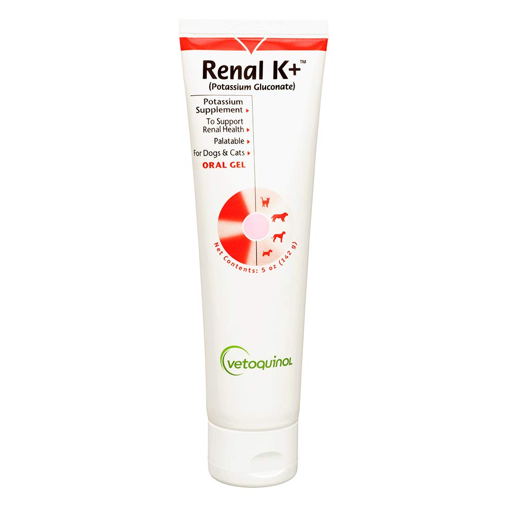 Gel potassium Vetoquinol Renal K+ prêt à être administré aux chiens.