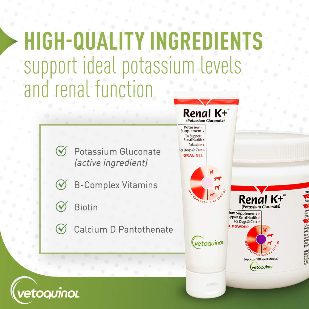 Vetoquinol Renal K+ etiquette: emballage clair et facile à stocker.