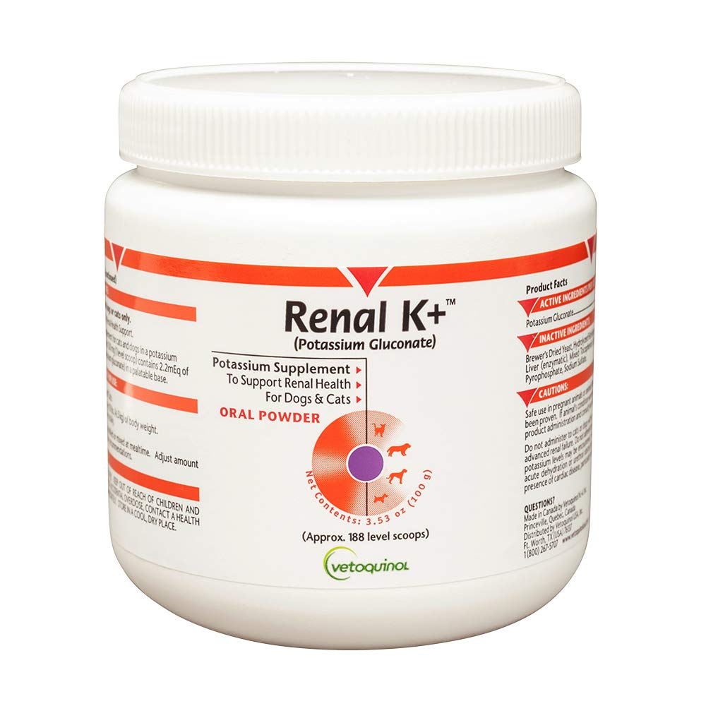 Vetoquinol Renal K+ poudre pot: soutien potentiel des niveaux potassium chez chiens et chats.