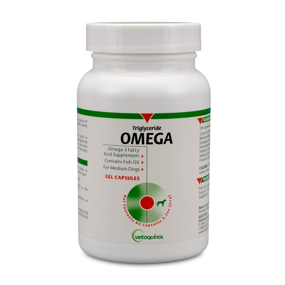 Vetoquinol Triglyceride Omega pour chien, capsules en boîte, peau et pelage sains.