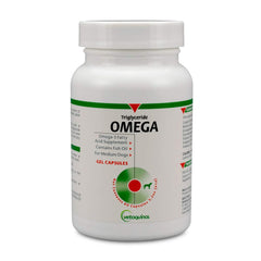 Vetoquinol Triglyceride Omega pour chien, capsules en boîte, peau et pelage sains.