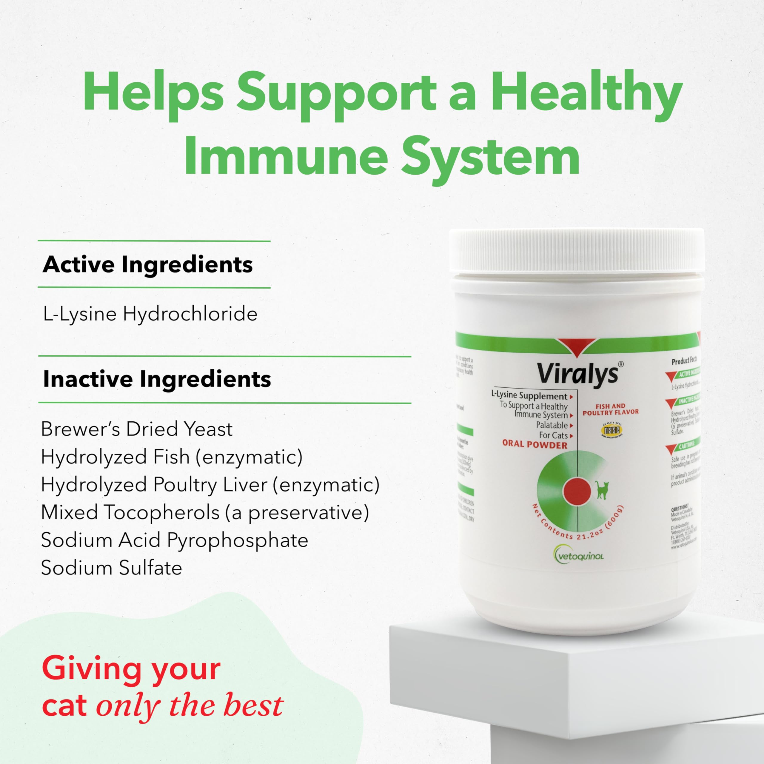 Vetoquinol Viralys, poudre Lysine, administration simple dans le repas quotidien du chat.