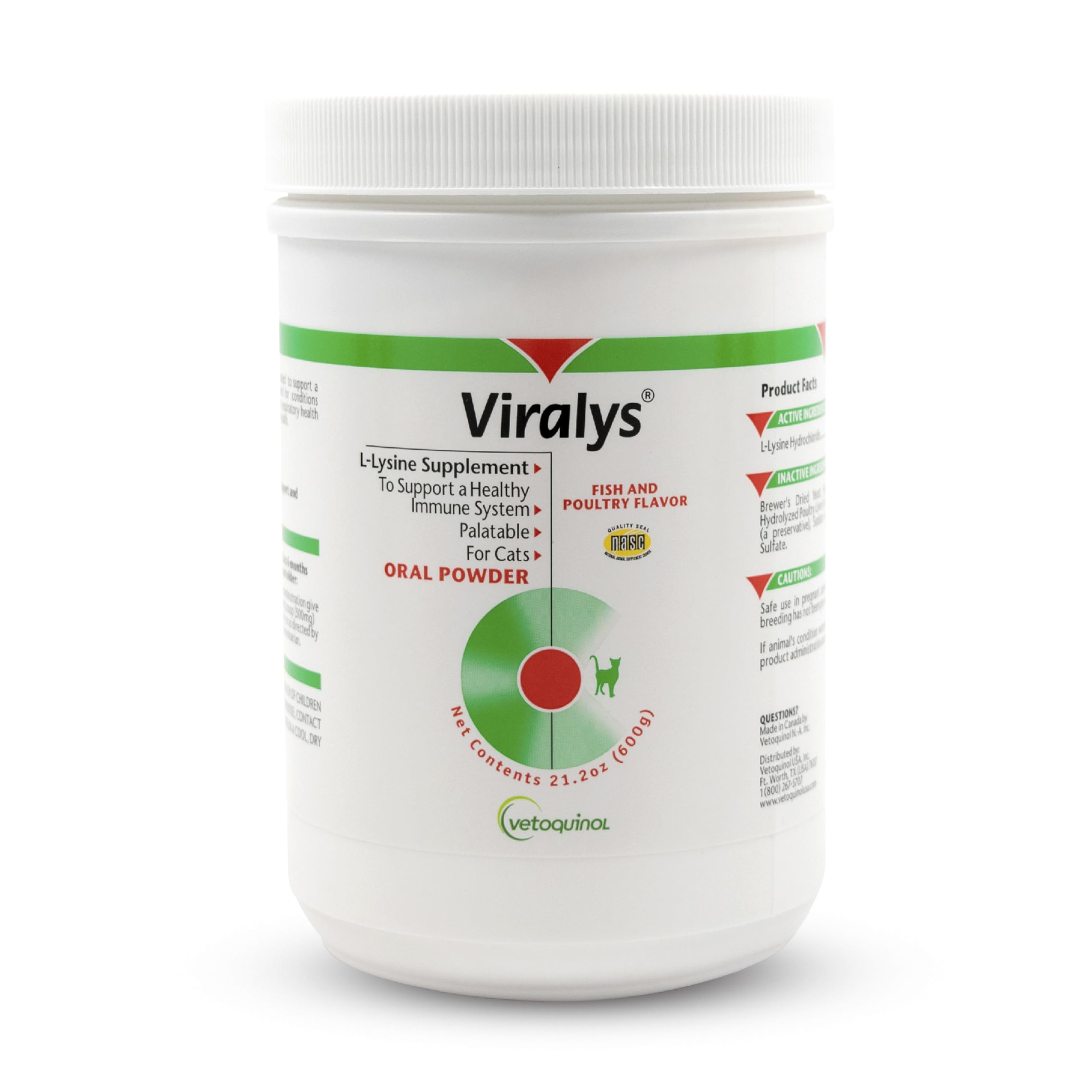 Vetoquinol Viralys, poudre Lysine saveur poisson-poulet, facilite l’alimentation quotidienne du chat.