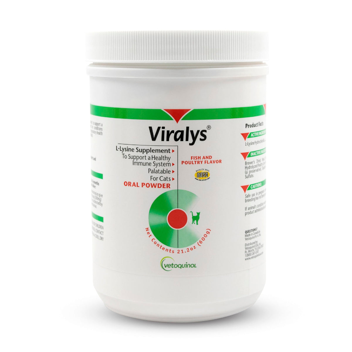 Vetoquinol Viralys, poudre Lysine saveur poisson-poulet, facilite l’alimentation quotidienne du chat.