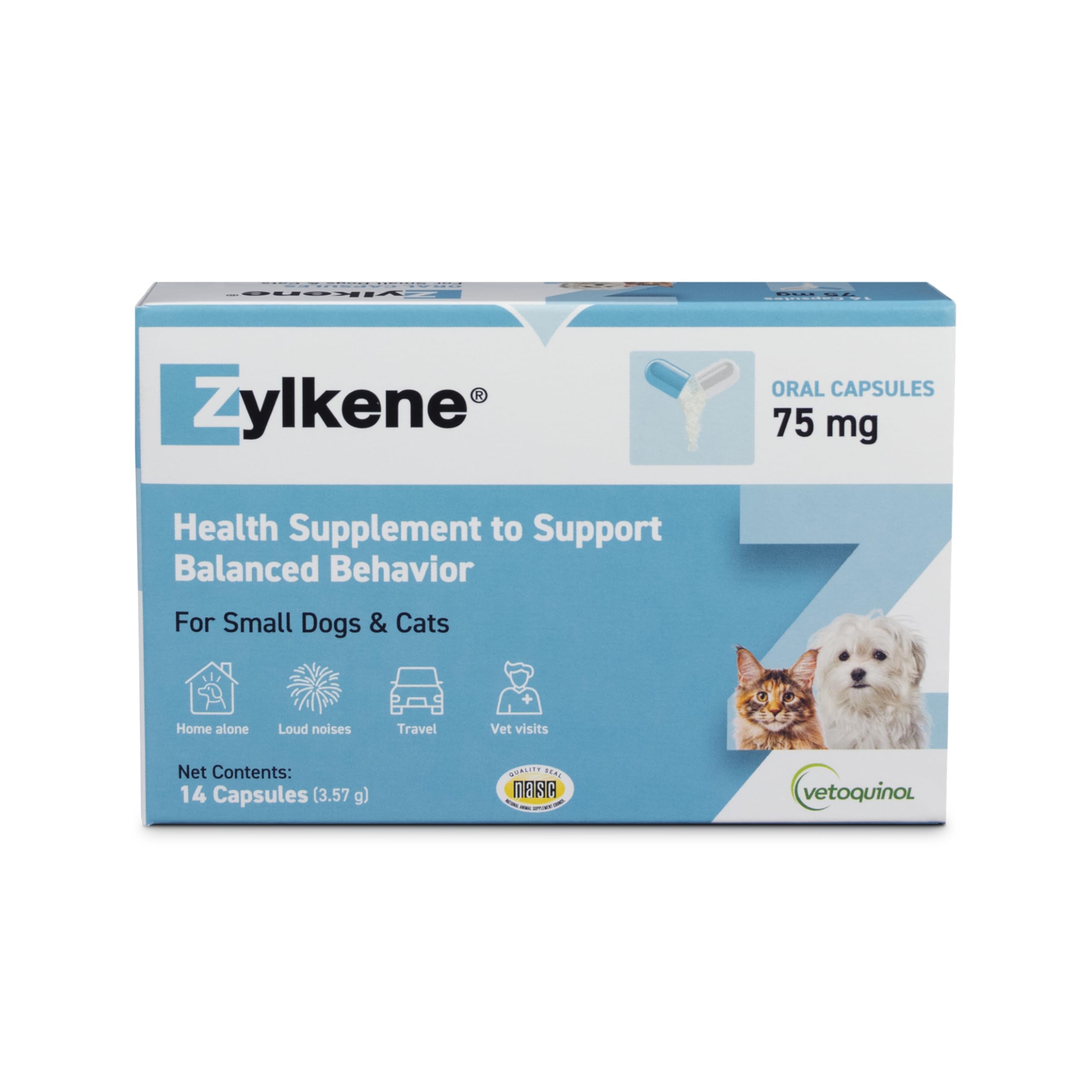 Vetoquinol Zylkene - bouteille 75mg, soutien quotidien potentiel pour chien et chat.