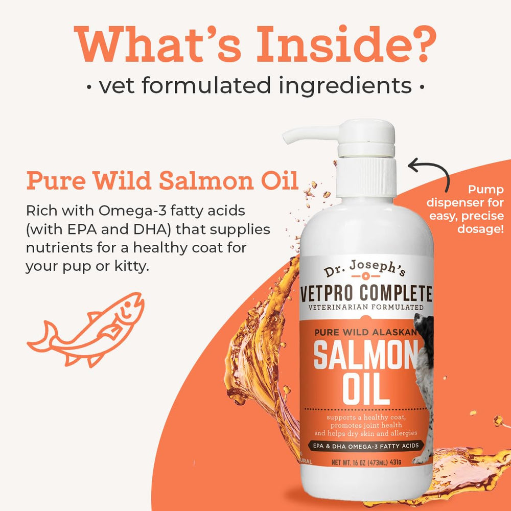 VetPro Complete: huile saumon Alaska sur nourriture, rend les repas plus appétents pour chiens et chats.