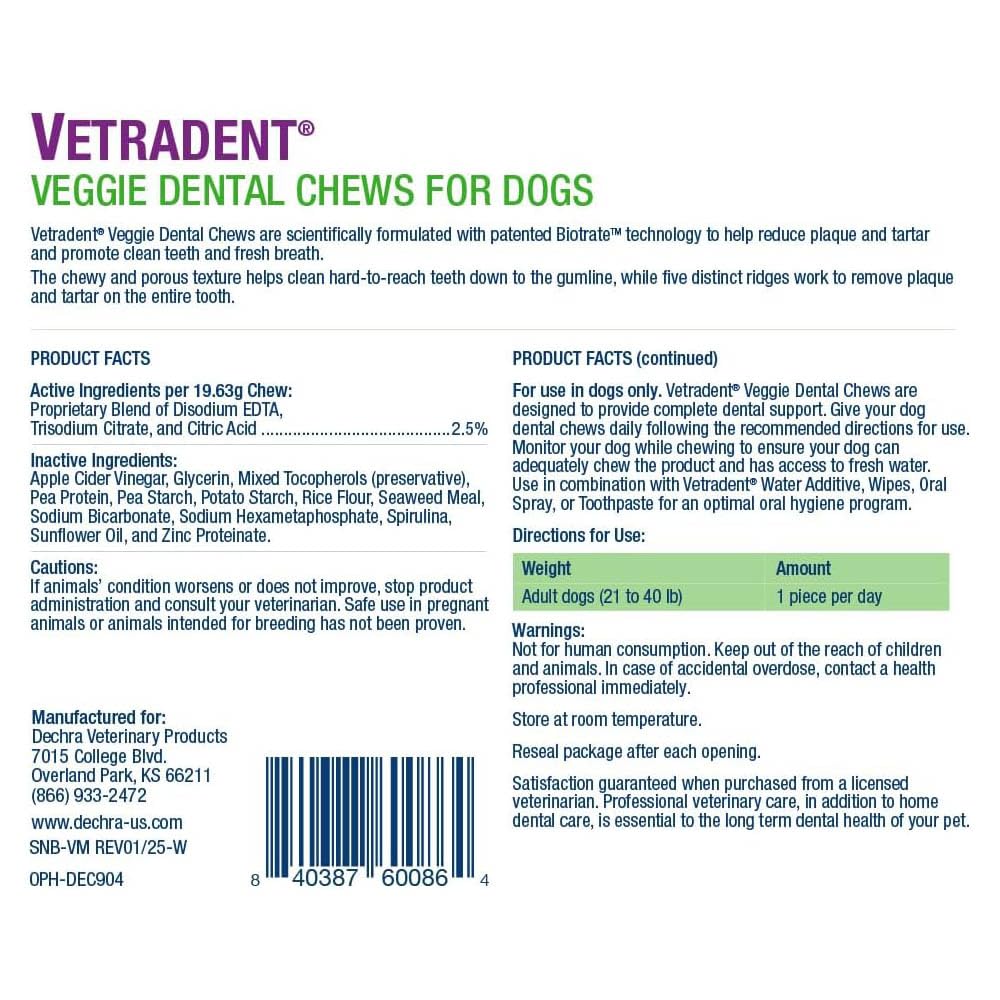 Texture moelleuse des Vetradent Veggie Dental Chews favorise une mastication prolongée.